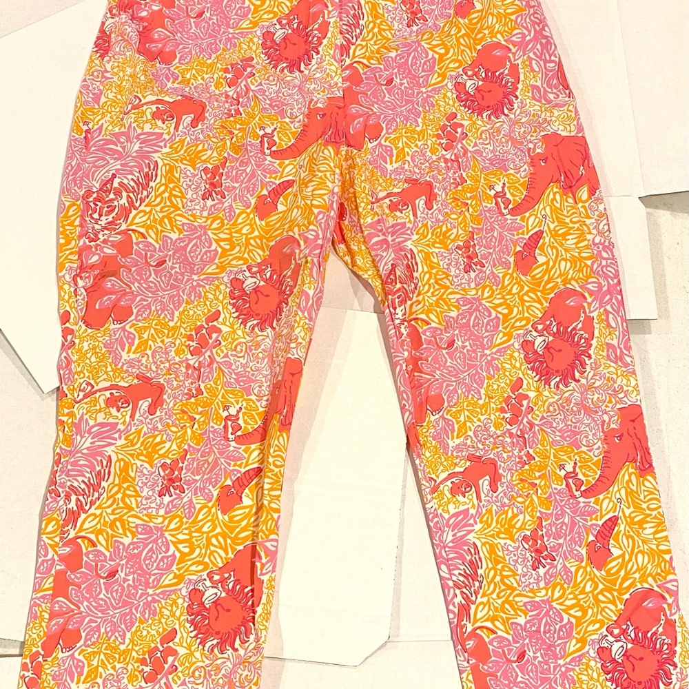 Lilly Pulitzer Vintage cropped pant Pink Orange elephant monkey lion size 10 - Picture 4 of 9
